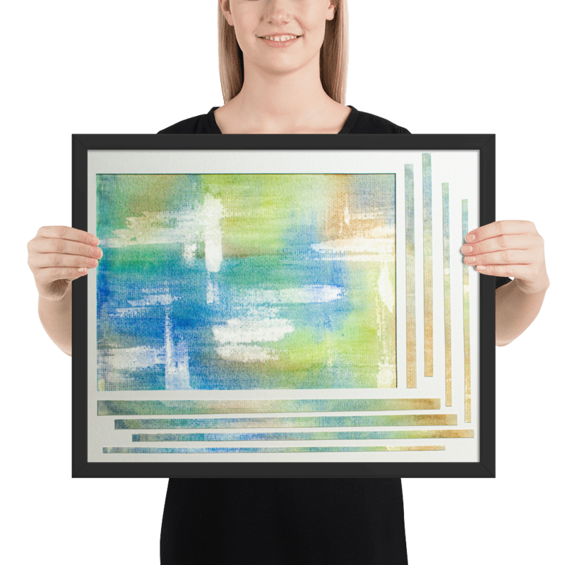 Watercolor abstract featuring a mosaic of blue, green, aqua, and cyan brushstrokes, creating a dynamic and tranquil art piece reminiscent of oceanic elements. Model Black Frame