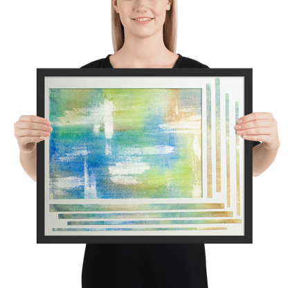 Watercolor abstract featuring a mosaic of blue, green, aqua, and cyan brushstrokes, creating a dynamic and tranquil art piece reminiscent of oceanic elements. Model Black Frame