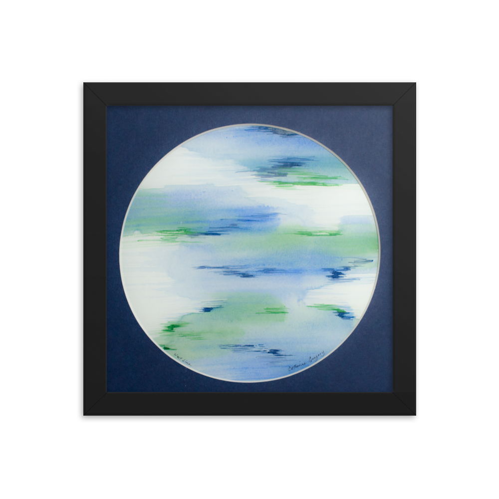 Abstract watercolor art titled 'Aqua Hues Abstract', featuring expressive brushstrokes in shades of light green, aqua, cyan, blue, and purple, creating a visually captivating and colorful abstract composition. Black Frame 10x10