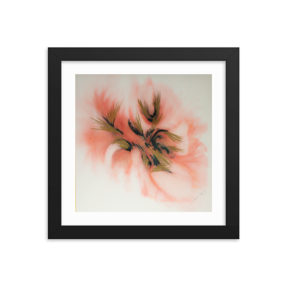 Abstract watercolor print titled 'Pink Spectrum Abstract', featuring a blend of black, pink, light red, and silver sparkles, creating a vibrant and dynamic visual effect. 14x14 Black frame