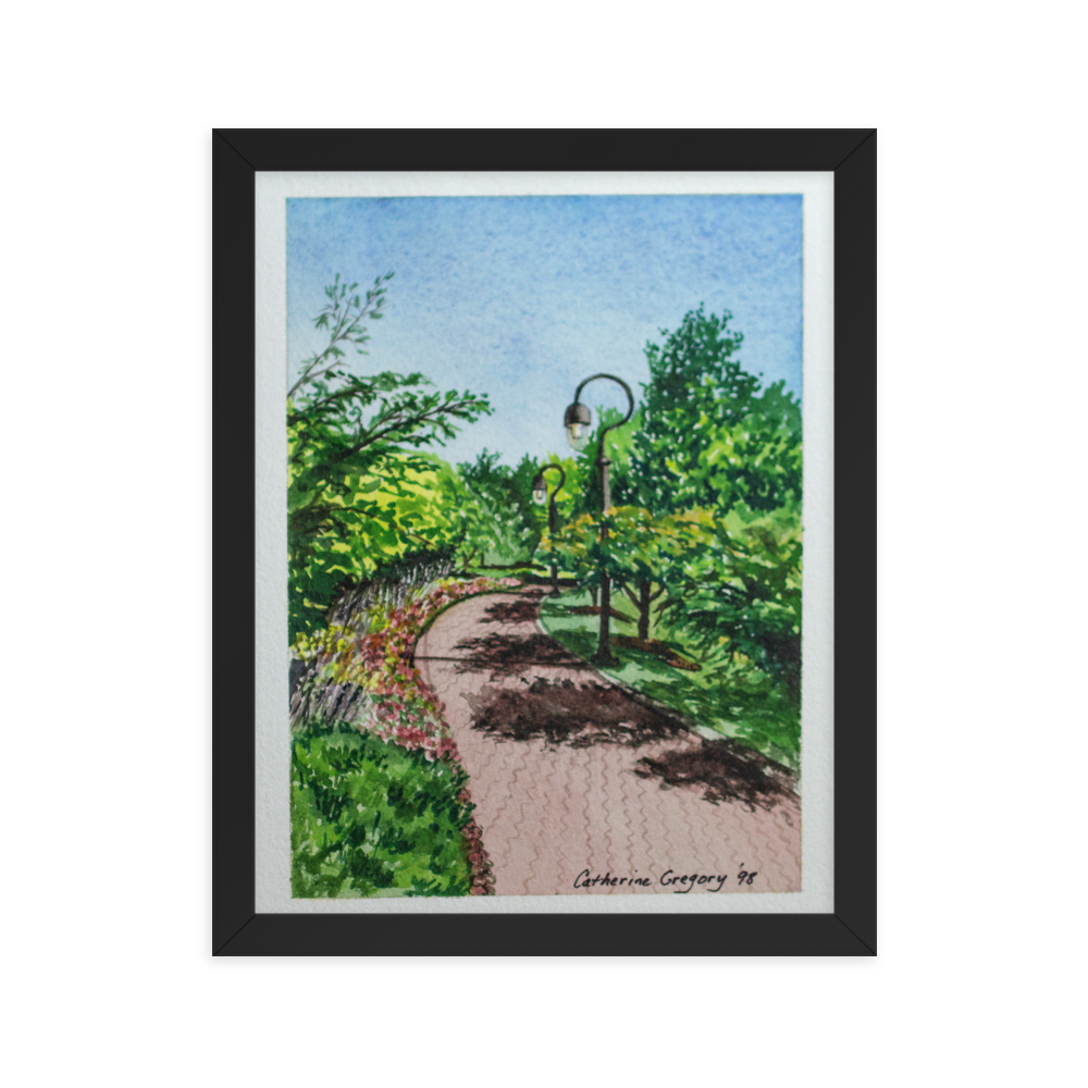 Watercolor print of Naperville Riverwalk, showcasing the tranquil paths, historic covered bridge, and serene riverbanks, embodying the peaceful essence of the area. 11 x 14