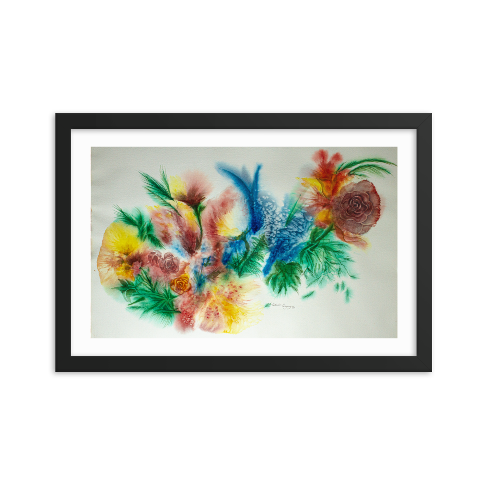 Chic abstract floral watercolor artwork in a black frame, featuring vivid colors and abstract floral patterns, perfect for contemporary decor. 12x18