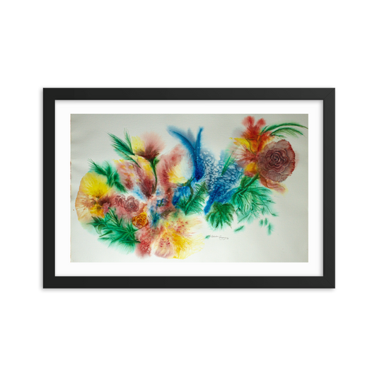 Chic abstract floral watercolor artwork in a black frame, featuring vivid colors and abstract floral patterns, perfect for contemporary decor. 12x18