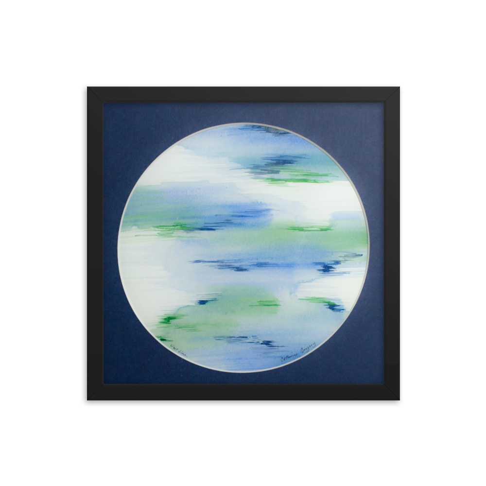 Abstract watercolor art titled 'Aqua Hues Abstract', featuring expressive brushstrokes in shades of light green, aqua, cyan, blue, and purple, creating a visually captivating and colorful abstract composition. Black Frame 14 x 14