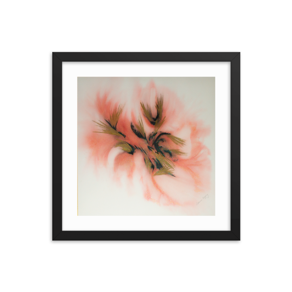 Abstract watercolor print titled 'Pink Spectrum Abstract', featuring a blend of black, pink, light red, and silver sparkles, creating a vibrant and dynamic visual effect. 14x14 Black Frame