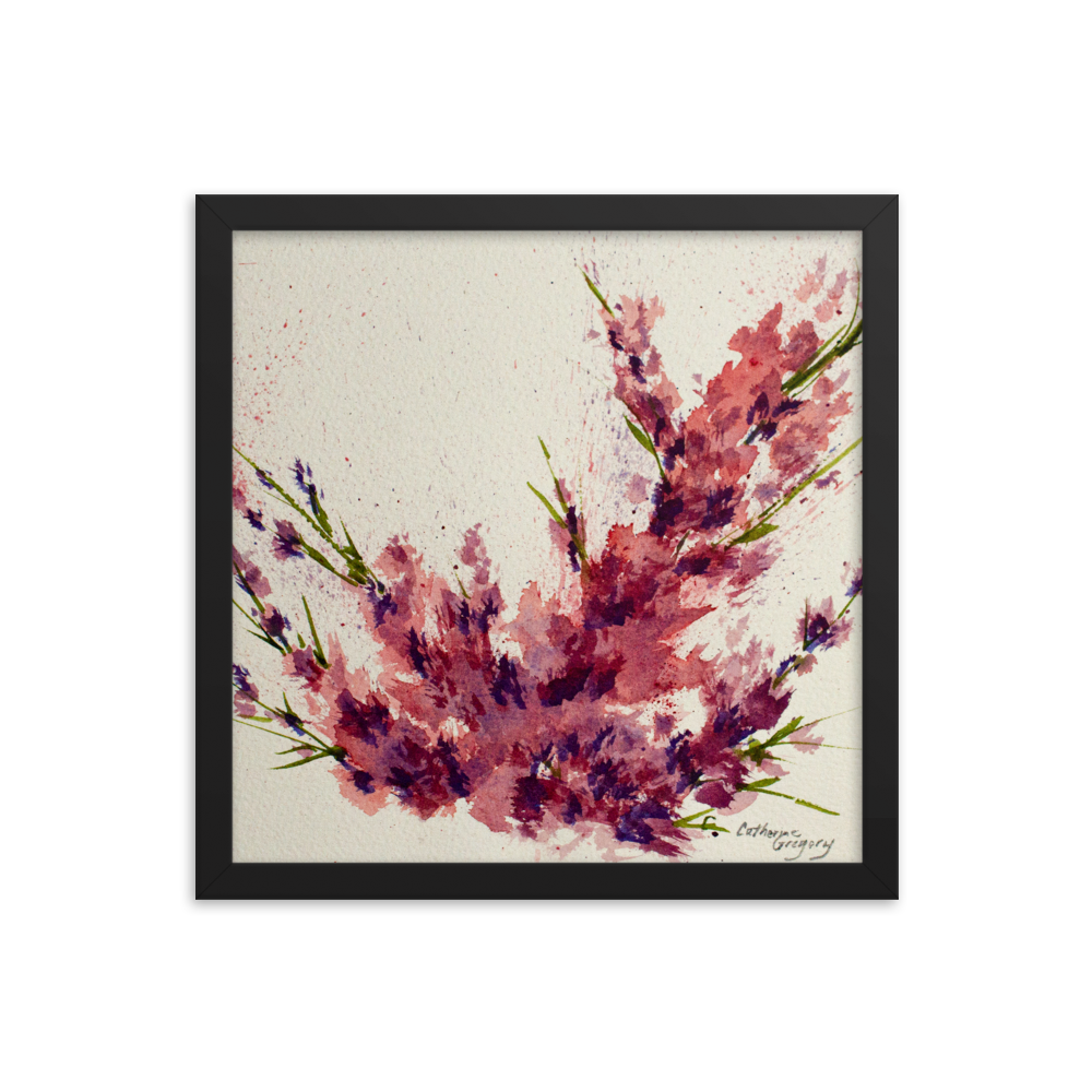 Abstract watercolor painting 'Magenta Bloom', featuring vibrant shades of magenta, pink, purple, and light blue in a spattered technique, reflecting the serene and divine beauty of nature. Black Frame 14 x 14