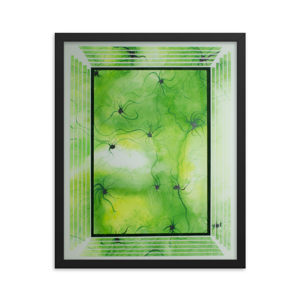 Framed 'CELLs Abstract' original print by Catherine Gregory, showcasing a captivating abstract design, blending colors and forms for a modern artistic statement.