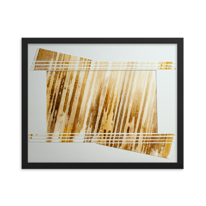 Elegant 16x20 abstract art piece titled 'Golden Stripe Abstract', showcasing bold chunks with gold and yellow stripes, framed in black, adding a luxurious and modern touch to any room. 16x20