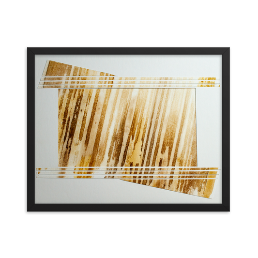 Elegant 16x20 abstract art piece titled 'Golden Stripe Abstract', showcasing bold chunks with gold and yellow stripes, framed in black, adding a luxurious and modern touch to any room. 16x20