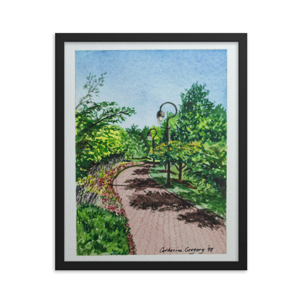 Watercolor print of Naperville Riverwalk, showcasing the tranquil paths, historic covered bridge, and serene riverbanks, embodying the peaceful essence of the area. Black Frame16 x 20