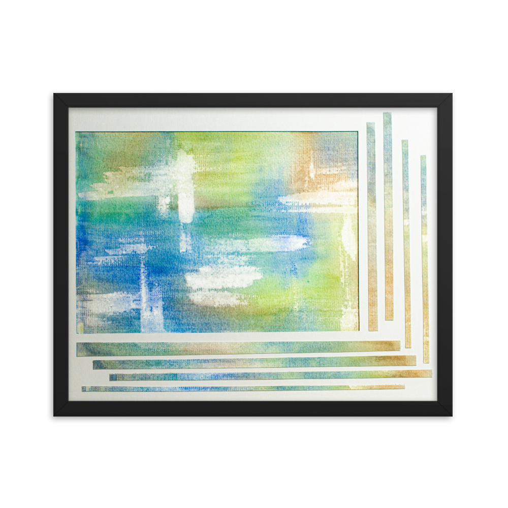 Watercolor abstract featuring a mosaic of blue, green, aqua, and cyan brushstrokes, creating a dynamic and tranquil art piece reminiscent of oceanic elements. Black Frame 16 x 20