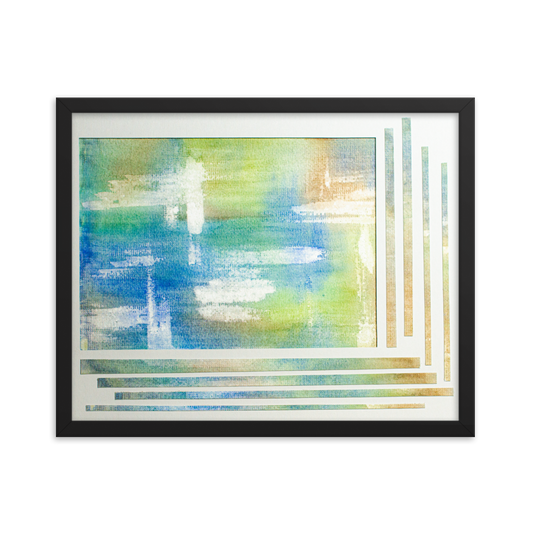 Watercolor abstract featuring a mosaic of blue, green, aqua, and cyan brushstrokes, creating a dynamic and tranquil art piece reminiscent of oceanic elements. Black Frame 16 x 20