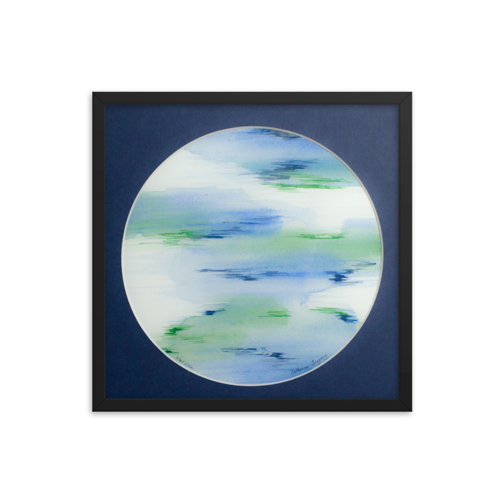 Abstract watercolor art titled 'Aqua Hues Abstract', featuring expressive brushstrokes in shades of light green, aqua, cyan, blue, and purple, creating a visually captivating and colorful abstract composition. 18x18 Black Frame