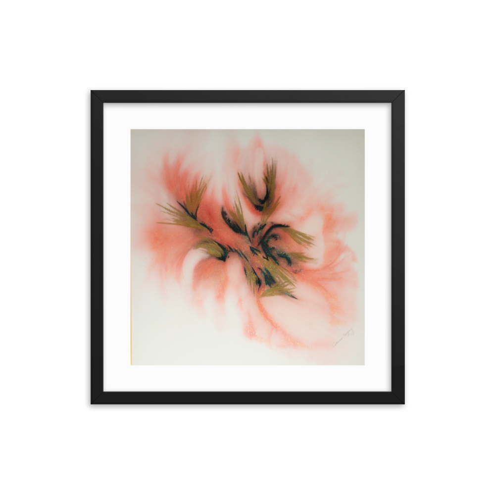 Abstract watercolor print titled 'Pink Spectrum Abstract', featuring a blend of black, pink, light red, and silver sparkles, creating a vibrant and dynamic visual effect. 16x16 Black Frame