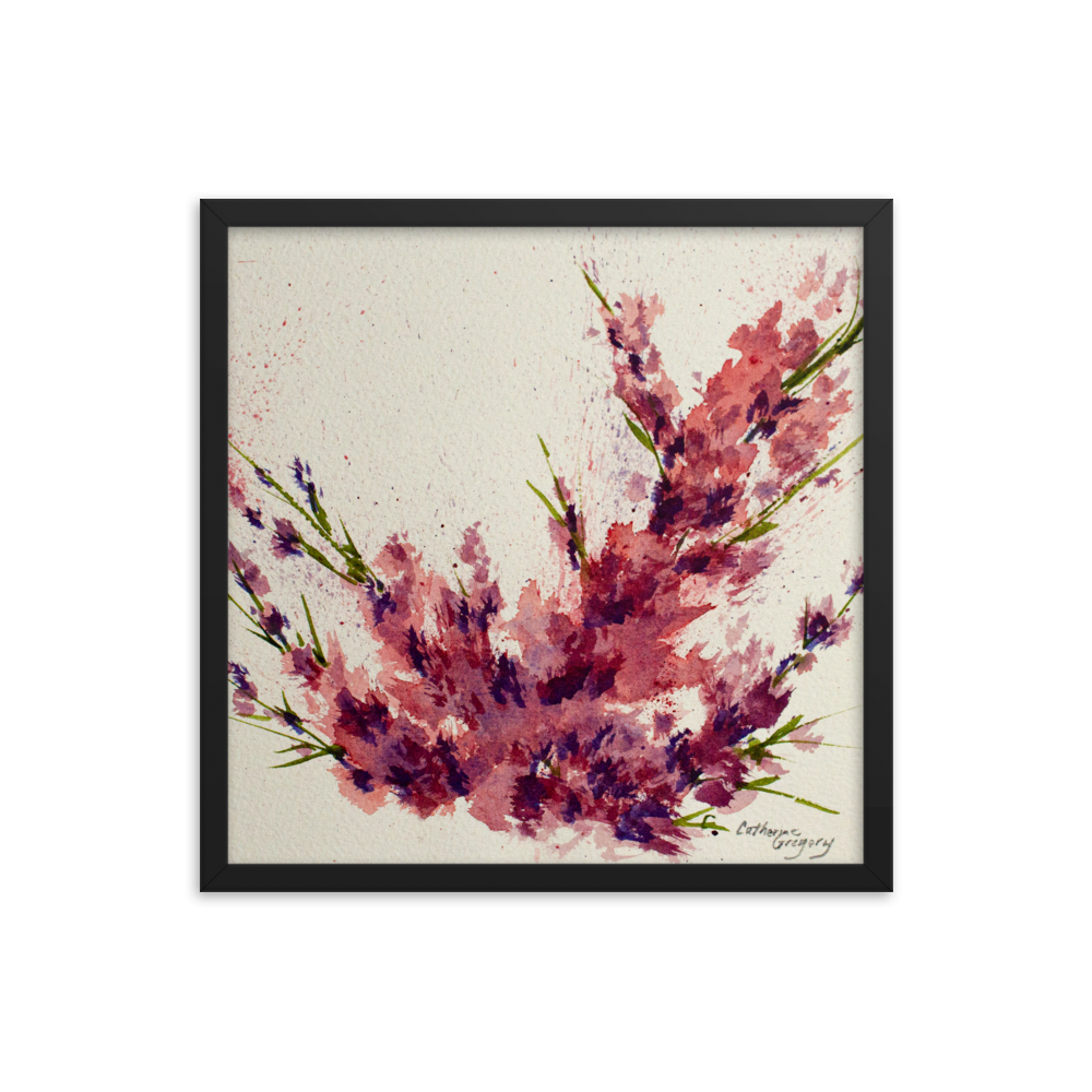 Abstract watercolor painting 'Magenta Bloom', featuring vibrant shades of magenta, pink, purple, and light blue in a spattered technique, reflecting the serene and divine beauty of nature. 18 x 18 Black Frame