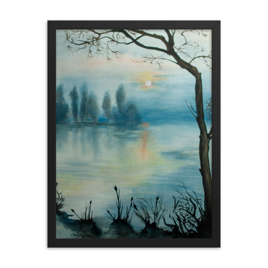 Hand-painted 'Night Lake' watercolor by Catherine Gregory, depicting a serene, moonlit lakescape, embodying the tranquility and subtle spirituality of Catherine's Watercolor Whispers.