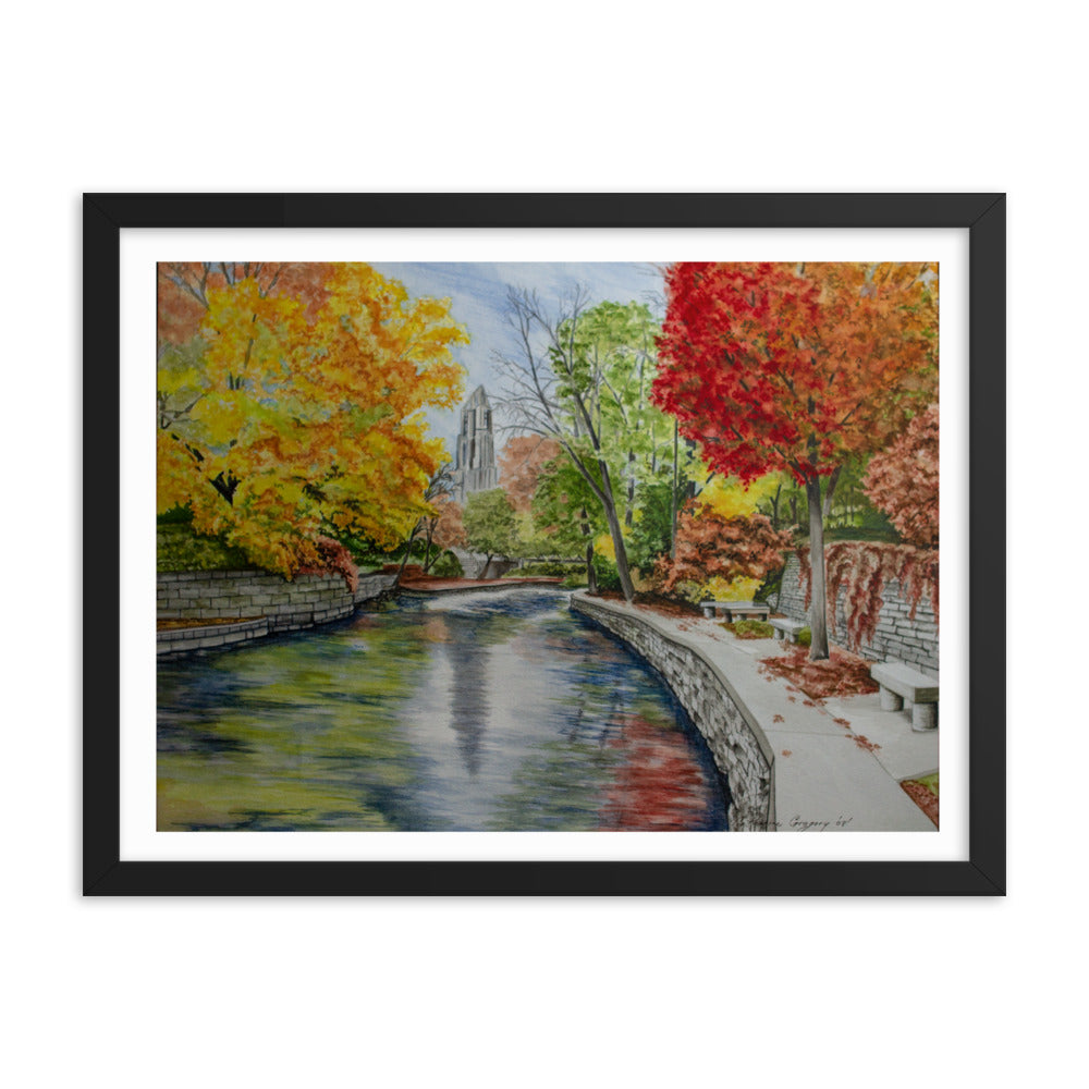 Watercolor print featuring Naperville's Riverwalk and Millennium Carillon in Moser Tower, beautifully capturing the essence of autumn with soft hues and scenic river views. 18x24 black frame