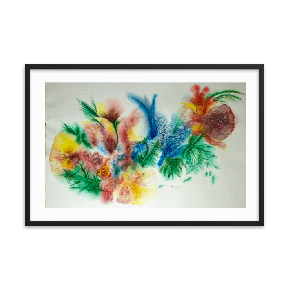 Chic abstract floral watercolor artwork in a black frame, featuring vivid colors and abstract floral patterns, perfect for contemporary decor. 24x36