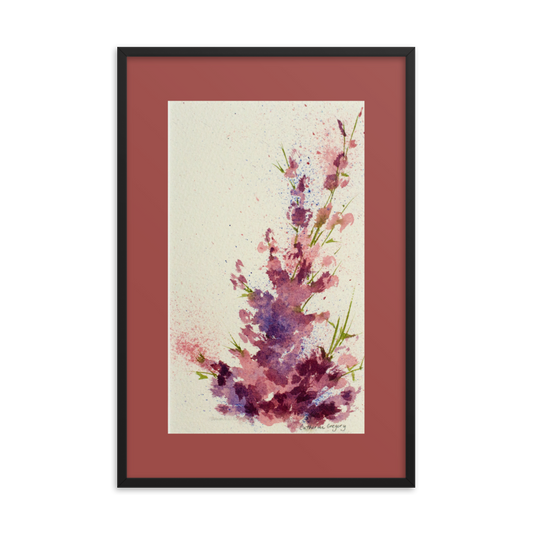 Abstract watercolor painting titled 'Magenta Bloom', featuring vibrant shades of magenta, pink, purple, and light blue with a dynamic spattered technique, embodying a modern floral vibe. Black FRAME 24 x 36