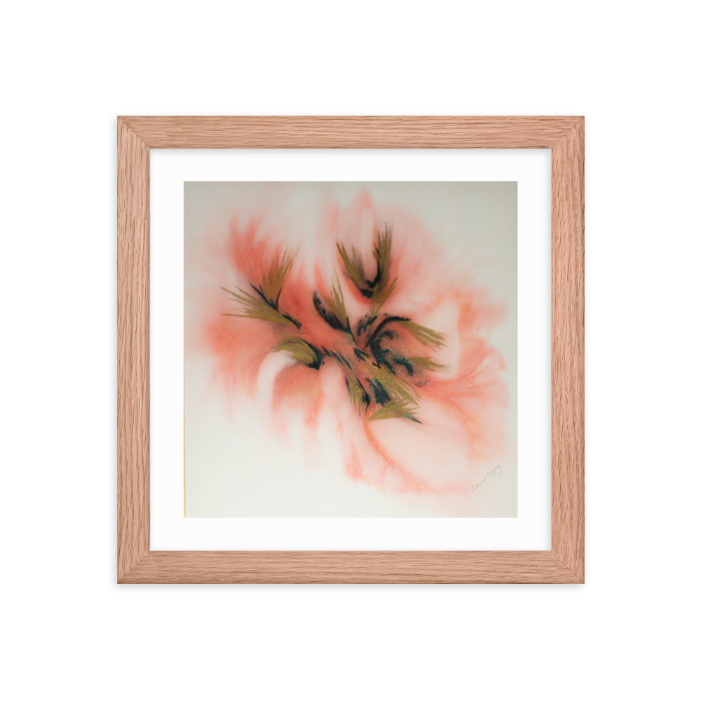 Abstract watercolor print titled 'Pink Spectrum Abstract', featuring a blend of black, pink, light red, and silver sparkles, creating a vibrant and dynamic visual effect. Wood Frame 10x10