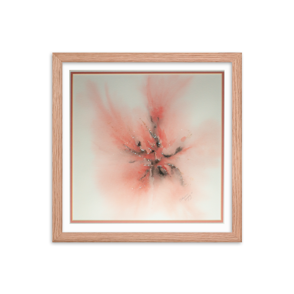 Wood-framed watercolor print titled 'Silver & Pink Abstract', featuring an abstract design with bright silver spots and variations of pink, creating a radiant and visually striking composition. Wood Frame 14x14