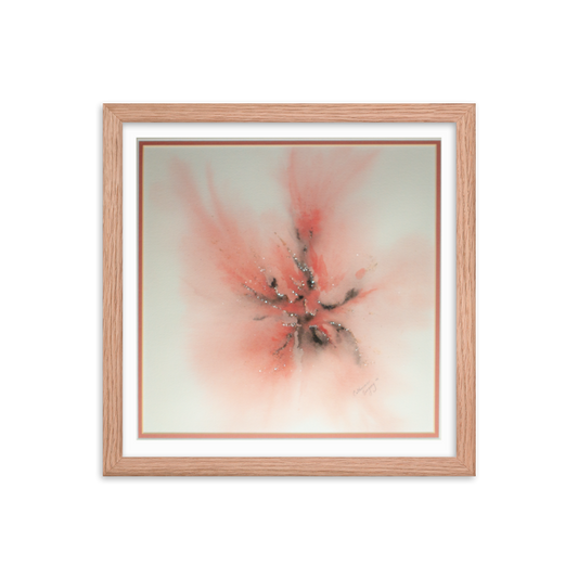 Wood-framed watercolor print titled 'Silver & Pink Abstract', featuring an abstract design with bright silver spots and variations of pink, creating a radiant and visually striking composition. Wood Frame 14x14