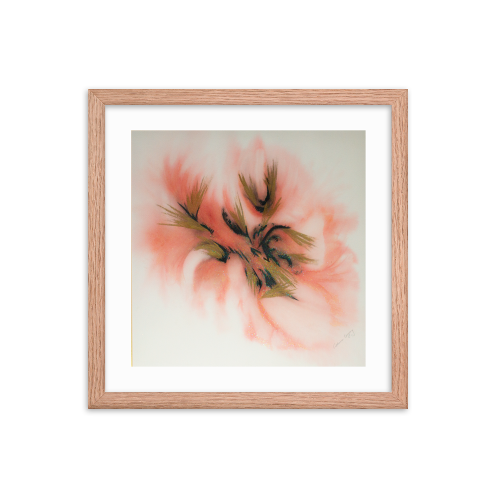 Abstract watercolor print titled 'Pink Spectrum Abstract', featuring a blend of black, pink, light red, and silver sparkles, creating a vibrant and dynamic visual effect. 14x14 Wood Frame