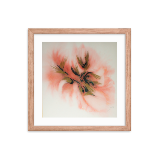 Abstract watercolor print titled 'Pink Spectrum Abstract', featuring a blend of black, pink, light red, and silver sparkles, creating a vibrant and dynamic visual effect. 14x14 Wood Frame