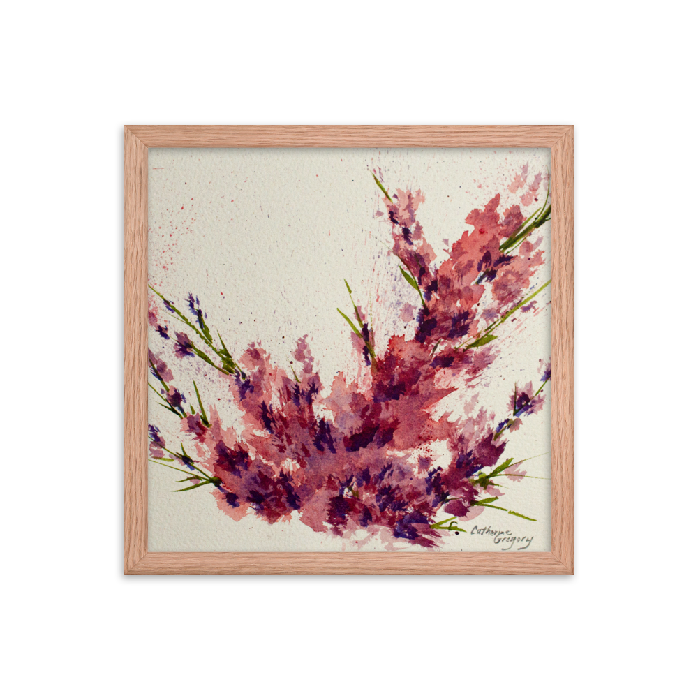 Abstract watercolor painting 'Magenta Bloom', featuring vibrant shades of magenta, pink, purple, and light blue in a spattered technique, reflecting the serene and divine beauty of nature. Wood Frame 14 x 14