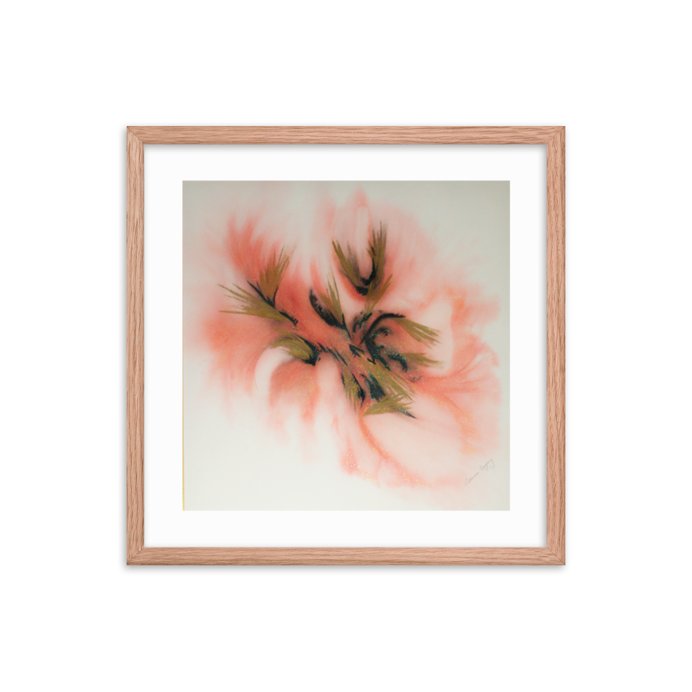 Abstract watercolor print titled 'Pink Spectrum Abstract', featuring a blend of black, pink, light red, and silver sparkles, creating a vibrant and dynamic visual effect. Wood Frame 18x18