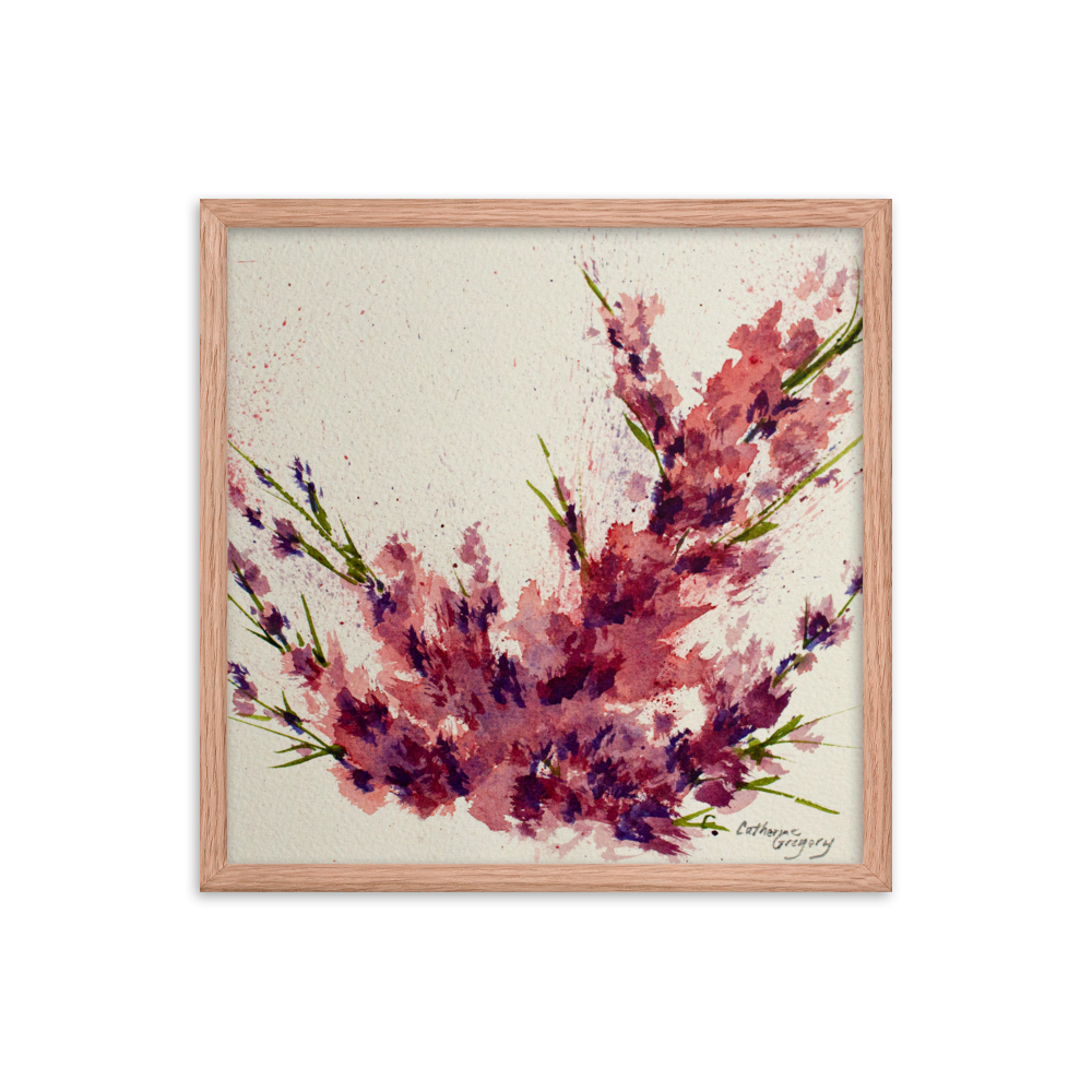 Abstract watercolor painting 'Magenta Bloom', featuring vibrant shades of magenta, pink, purple, and light blue in a spattered technique, reflecting the serene and divine beauty of nature. Wood Frmae 18 x 18