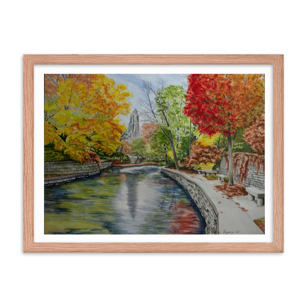 Watercolor print featuring Naperville's Riverwalk and Millennium Carillon in Moser Tower, beautifully capturing the essence of autumn with soft hues and scenic river views. 18x24 Wood frame