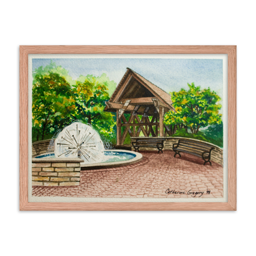 Serene Riverwalk Fountain: Watercolor Artwork