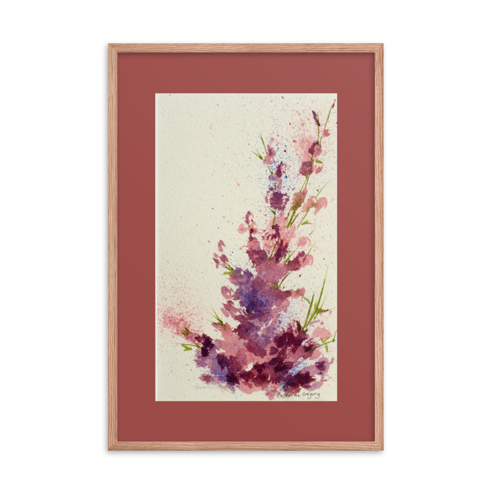 Abstract watercolor painting titled 'Magenta Bloom', featuring vibrant shades of magenta, pink, purple, and light blue with a dynamic spattered technique, embodying a modern floral vibe. Wood Frame 24 x36