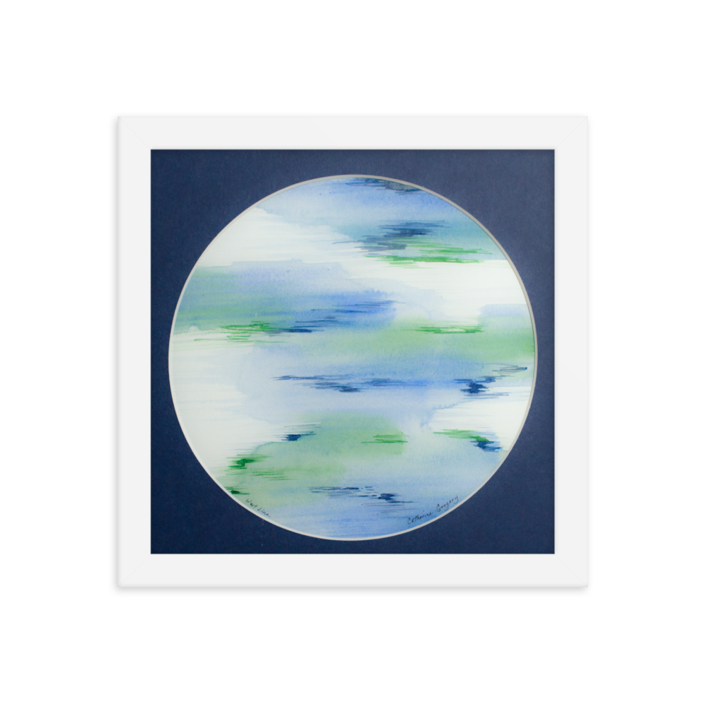 Abstract watercolor art titled 'Aqua Hues Abstract', featuring expressive brushstrokes in shades of light green, aqua, cyan, blue, and purple, creating a visually captivating and colorful abstract composition. White Frame 10x10