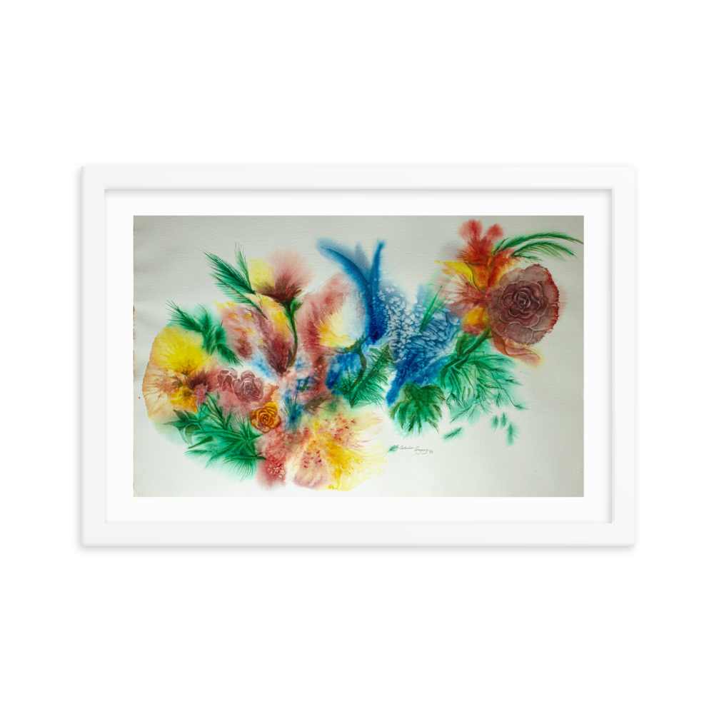 Elegant abstract floral watercolor print in a white frame, showcasing vibrant colors and fluid strokes for a modern artistic interpretation of flowers. 12x18