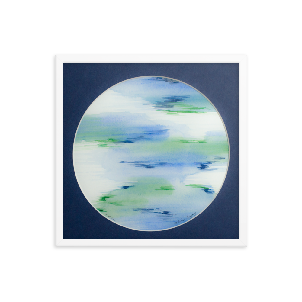 Abstract watercolor art titled 'Aqua Hues Abstract', featuring expressive brushstrokes in shades of light green, aqua, cyan, blue, and purple, creating a visually captivating and colorful abstract composition. 18x18 White Frame