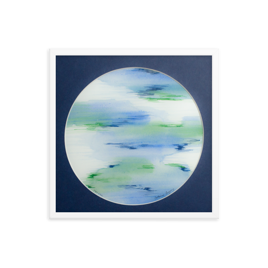 Abstract watercolor art titled 'Aqua Hues Abstract', featuring expressive brushstrokes in shades of light green, aqua, cyan, blue, and purple, creating a visually captivating and colorful abstract composition. 18x18 White Frame