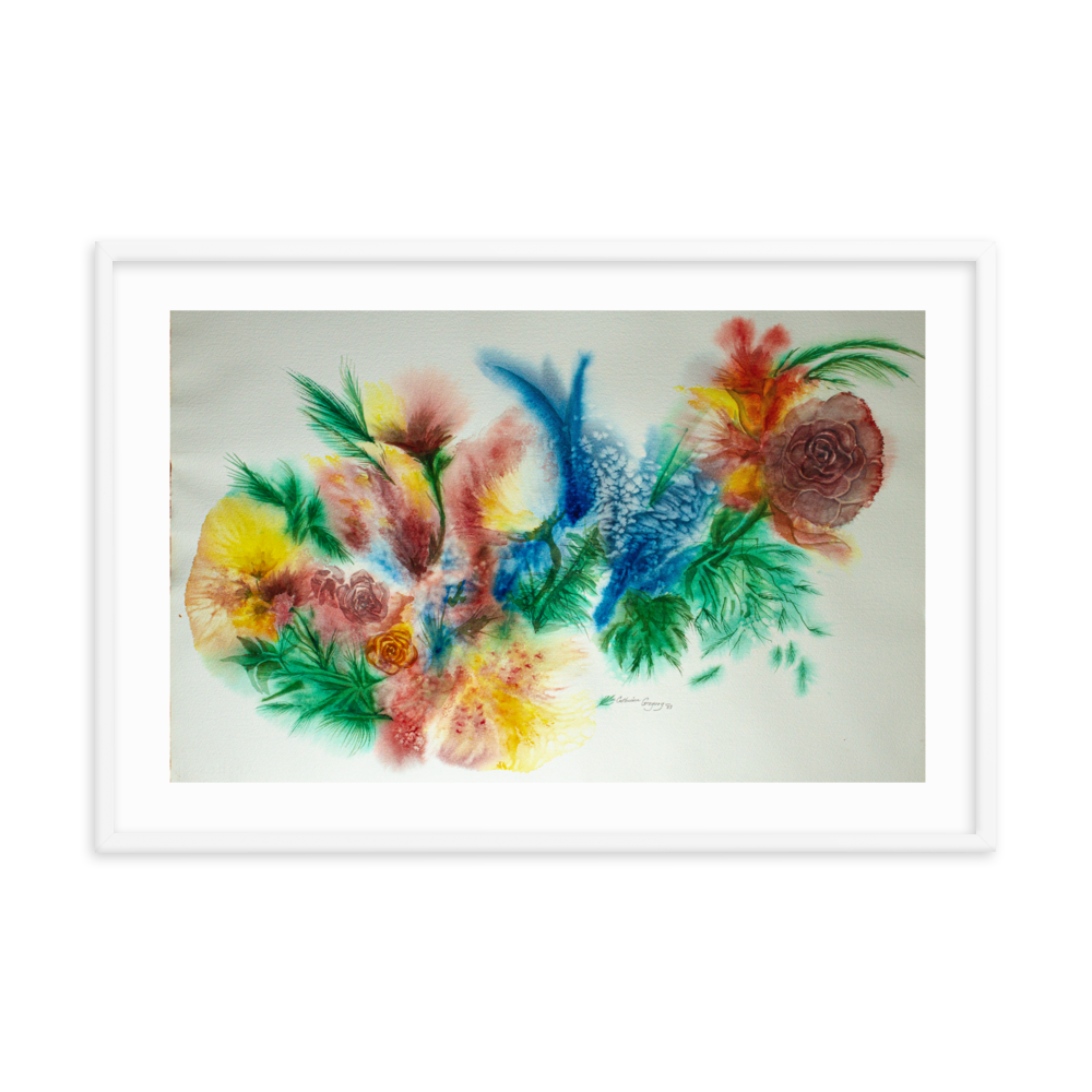 Elegant abstract floral watercolor print in a white frame, showcasing vibrant colors and fluid strokes for a modern artistic interpretation of flowers.. 24x36