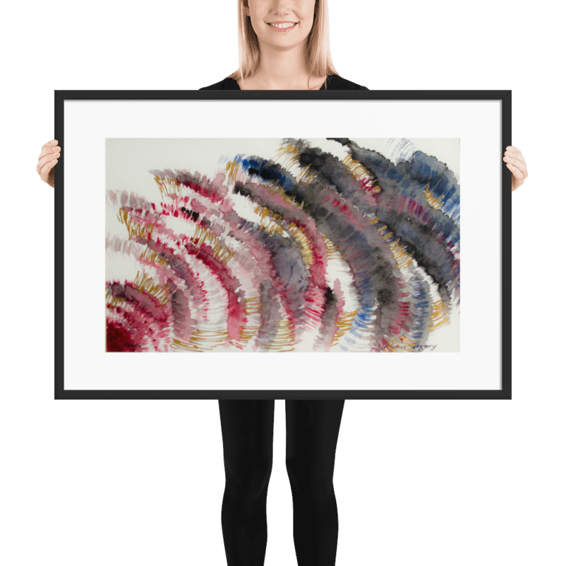 Abstract Paint Brush Strokes by Catherine Gregory - An original, hand-painted abstract art print in a matte black frame, showcasing vibrant colors and artistic expression. 24 x 36 Model holding Frame